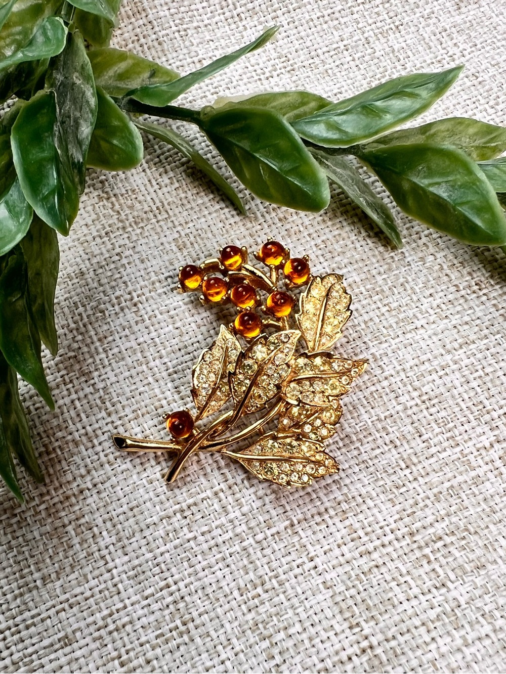 Gold Vintage Autumn Leaf Brooch with Small Amber Stones and Crystals